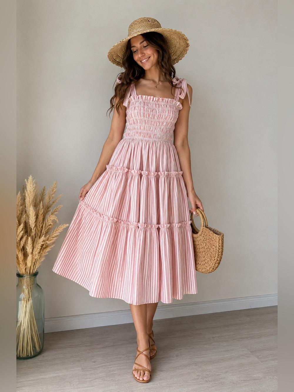 En Saison Pink & White Striped Smocked Tie Shoulder Midi Dress Women’s Size S